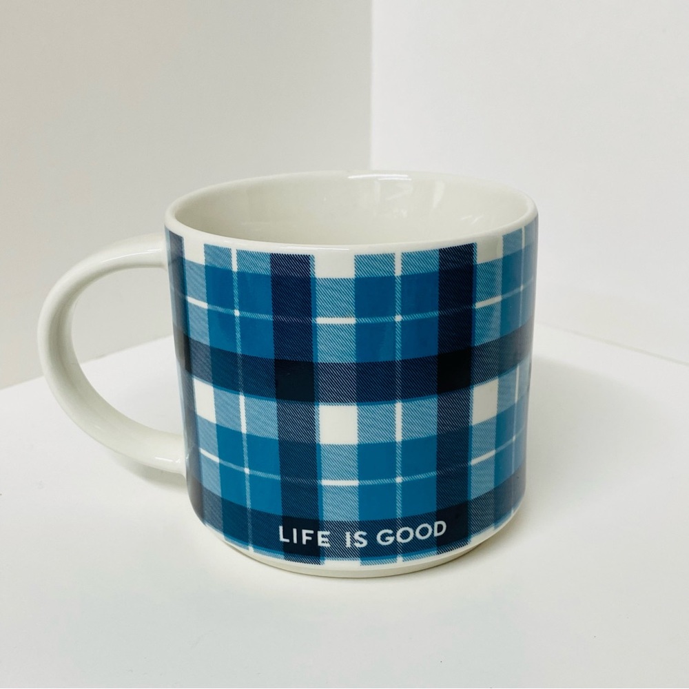 Life Is Good Checkered Blue Mug 16 oz. Plaid Home Coffee Tea Cup Collectible Fun